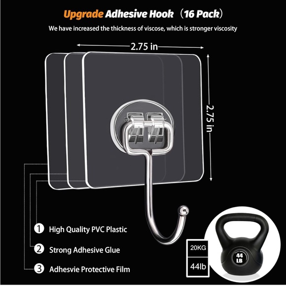 Large Adhesive Hooks, 15-Pack Hold 44lb(Max) Heavy Duty Sticky Hooks - Picture 2 of 7